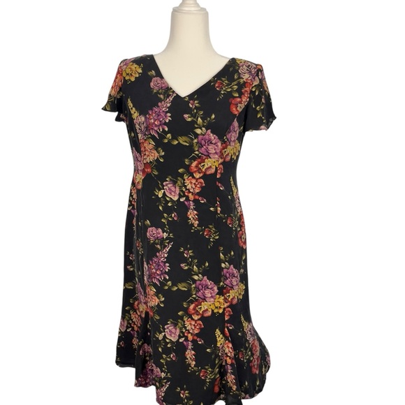 VTG TALBOTS Petite 100% Silk V-Neck Black Dark Floral Midi Dress Size 6P Whimsy - Picture 1 of 12